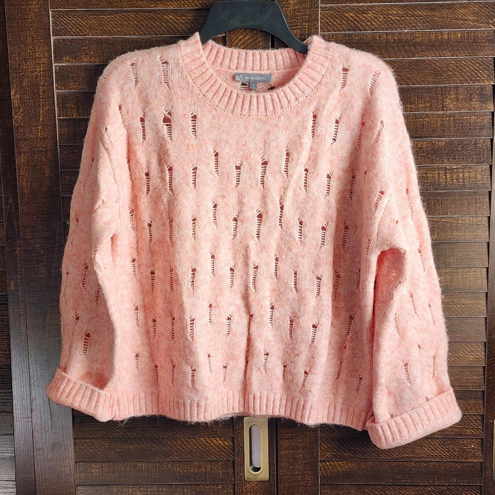 Wit & Wisdom Sweater Pullover Open Stitch Round Neck Long Sleeve Peach S